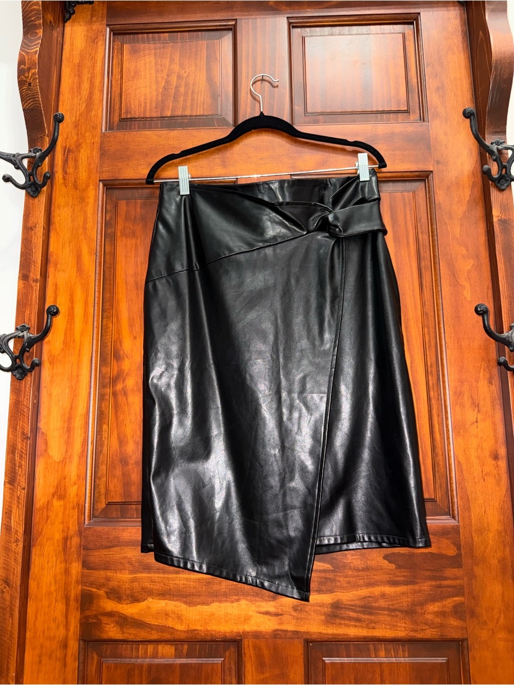 Asymmetrical Black Faux Leather Wrap Skirt